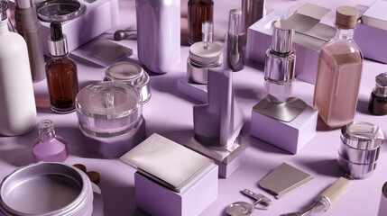 Luxury perfume bottles arranged on geometric purple background for beauty branding photography and premium cosmetic composition setup