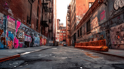 Urban alleyway showcases vibrant graffiti art adorning brick walls, offe a gritty glimpse into city life and artistic expression, creating a captivating scene.