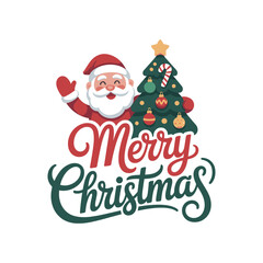 Merry Christmas Illustration with Santa Claus and Decorated Christmas Tree