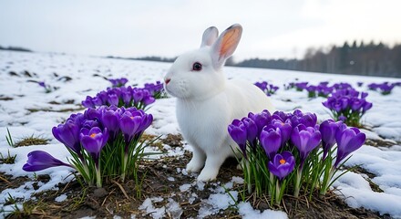 White Rabbit Among Purple Crocuses in Snowy Field.