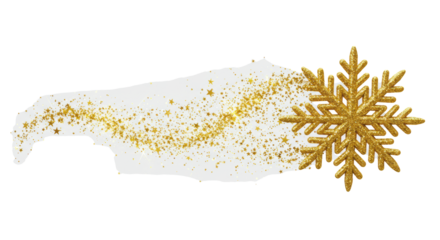 Majestic golden snowflake, intricate and glittering, floats with a luminous trail of glowing stars and particles on a transparent background. Festive magic and shimmering enchantment concept