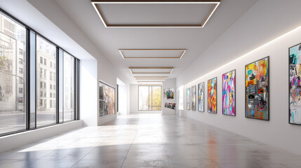 Obraz premium A brightly lit art gallery displays modern paintings along white walls with large overlooking a cityscape, creating an inviting and sophisticated space.