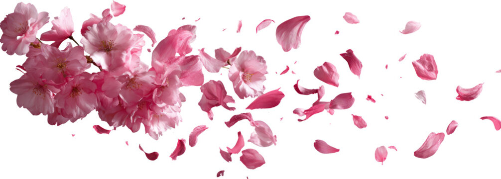 Cherry blossom pink petals floral spring falling isolated transparency background delicate