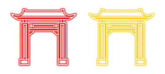 Asian Archways: A pair of vibrant archways, one in striking red, the other in radiant gold, stand as iconic symbols of Asian architecture and cultural heritage.