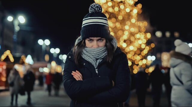 Young woman freezing at a Christmas market at night. Sad girl standing with arms crossed and shivering in winter. Holiday season concept