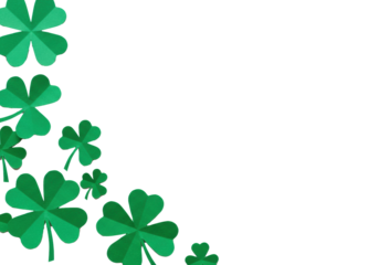 Vibrant emerald green paper-cut four-leaf clovers, varied sizes, clean edges, diagonally on transparent background with copy space, St. Patrick's Day celebration concept