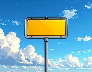 Blank yellow signpost stands tall against a bright blue sky filled with puffy white clouds in a digital illustration
