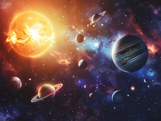 Celestial beauty of the solar system with planets orbiting the sun in space