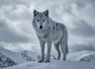 Obraz premium White arctic wolf stands majestically on snowy mountain peak. Wild animal in winter landscape with cloudy sky. Portrait of powerful predator.