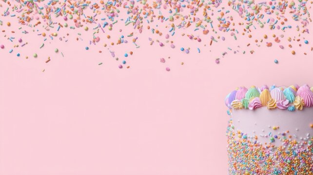 Multicolored sugar sprinkles on pastel pink surface. AI image - Powered by Adobe