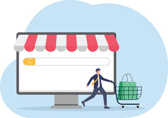 conversion rate concept, customer queue in search bar and checkout with full of purchased items in shopping cart.
