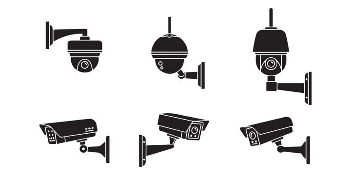 Surveillance camera vector set, black cctv icon collection, wall mount design, security monitoring system, home safety, flat illustration