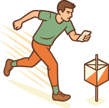 Man running with map during orienteering race compass