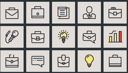 A collection of business-related icons in a grid layout, including briefcases, light bulbs, and communication symbols, against a clean background with a professional and innovative mood.