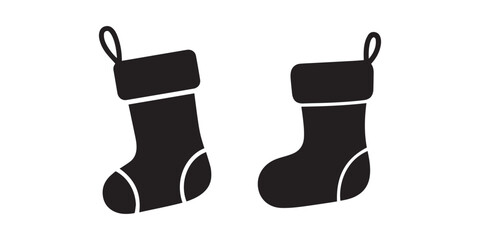 Minimalist Christmas stockings with snowflake design in black and white, festive holiday decoration icon with hanging loops, A black silhouette icon of a Christmas stocking with a small tree design
