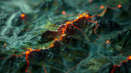 Stylized navigation map with elevated mountains and highlighted routes for adventure exploration design