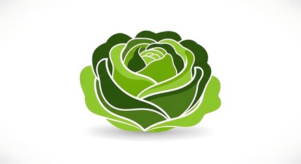 Stylized Green Rose Illustration with White Outlines on White Background.