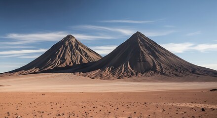 Striking volcanic cones rise from the arid Atacama Desert landscape.
