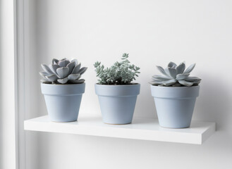 Fototapeta premium Three succulent plants in small blue pots on a white shelf. Interior decor concept for home and office plant collection and minimal design.