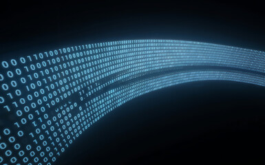 Dynamic stream of glowing blue binary code flows rapidly across a dark digital cyberspace background representing data transfer