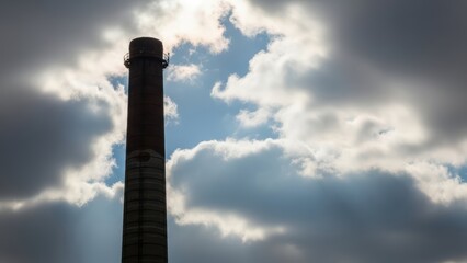 Naklejka premium Industrial chimney against cloudy sky with sun rays