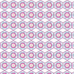 Seamless geometric haxagon pattern uses a colorful palette of pink,magenta and teal against a neatral background.Suitable for textile print,background,packaging,wallpaper,contemporary design projects.