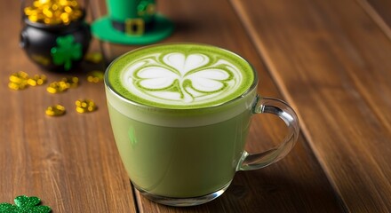 St. Patricks Day Matcha Latte with Shamrock Art.