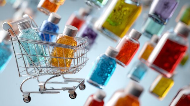 Shopping cart filled with colorful cube products floating digitally for futuristic ecommerce branding photography concept product marketing composition setup