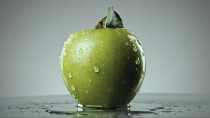 Close-up of a fresh green apple with water droplets and a leaf. Water dripping down the wet fruit on a reflective surface. Healthy food and organic diet concept