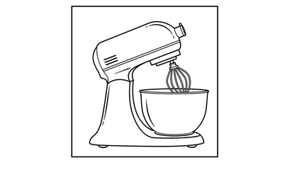 Simple black and white outline drawing of a classic stand mixer ready for baking delicious homemade treats