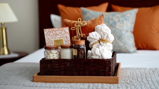 a resort bed, a diwali gift hamper with mithai boxes, candles, coffee grind etc in the hamper. the hamper is a dark brown wooden basket