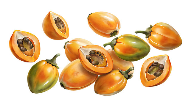 Tropical cocona fruit, whole and sliced, displaying seeds and fresh textures