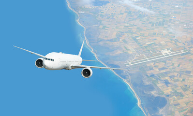 Fototapeta premium White passenger airplane flying in the sky amazing clouds in the background - Travel by air transport