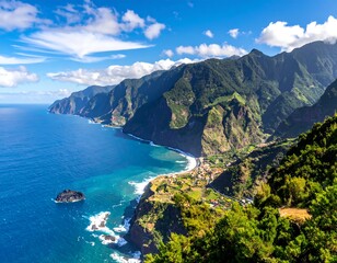 Stunning coastal scene of green mountains meeting the blue ocean under a bright, clear sky