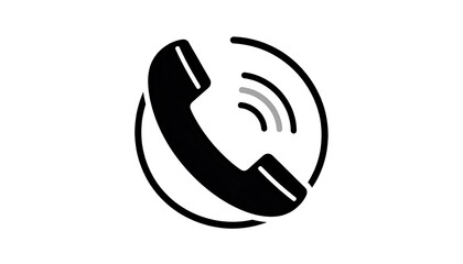 Black phone icon with sound waves inside a circle on white background; bold, vector style communication symbol