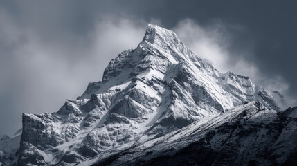 A majestic mountain peak covered in snow rises dramatically against a cloudy sky creating a striking contrast between light and shadow in a grayscale landscape.