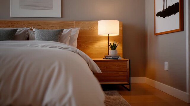 A hotel bedroom with a wooden nightstand and a lamp on it. The bed is made and has white pillows. The room has a cozy and inviting atmosphere