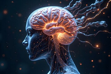 A futuristic human figure with an illuminated brain is shown in a glowing, high-tech environment.