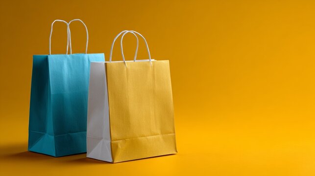 Colorful paper shopping bags on yellow background for ecommerce product branding retail photography scene lifestyle mockup composition display