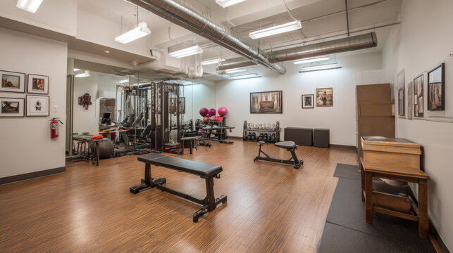 A well-equipped home gym featu weightlifting equipment, benches, and inspi artwork creates a motivating fitness environment for personal training at home.