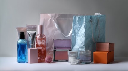 Luxury shopping bags and perfume bottles in pastel tones for ecommerce product branding composition photography scene lifestyle setup