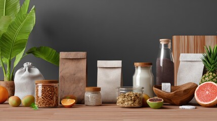 Natural organic food and cosmetic packaging with leaves on dark background for ecommerce product branding lifestyle composition display