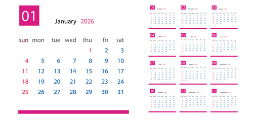 Calendar 2026 year - vector illustration. Week starts on Sunday. Calendar Set for 2026 year