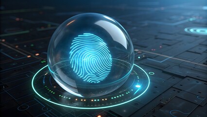 A futuristic fingerprint scanner in a glass ball, glowing with blue light, symbolizing advanced technology and biometric security in a digital world
