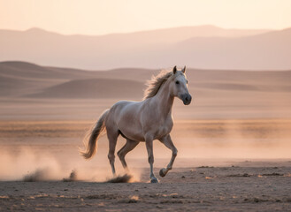 Wild horse trotting on desert plain at sunset. Majestic animal galloping, kicking up dust in natural environment. Freedom concept.