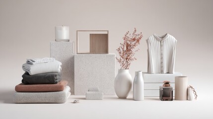 Neutral fashion scene with folded clothes vases and blocks for ecommerce branding lifestyle photography modern composition store display props