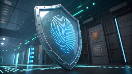 Cybersecurity shield with fingerprint scan, advanced technology for biometric identification and data protection in a futuristic environment