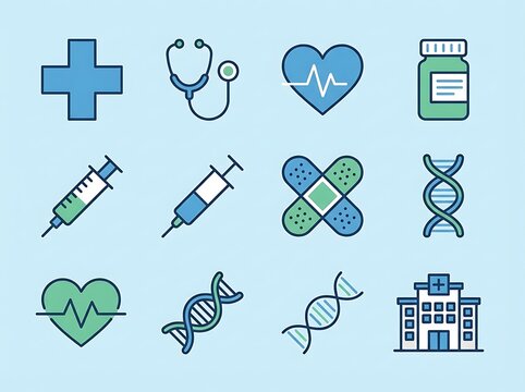 Medical and Healthcare Icons Cross, Stethoscope, Heartbeat, Syringe, DNA, Hospital, Bandages - Powered by Adobe