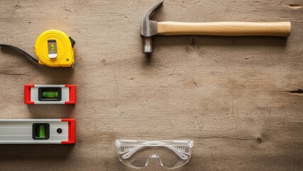 Carpentry tools on wooden surface: hammer, tape measure, level, safety glasses