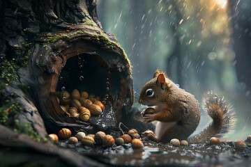 Squirrel sheltering in hollow tree during rainy day in forest